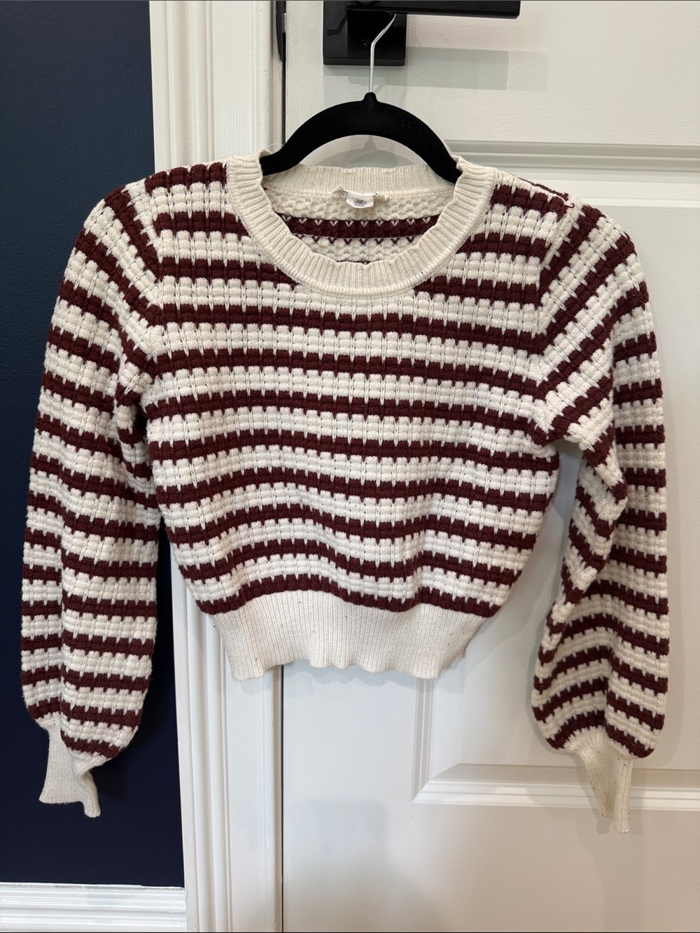 Faith & Zoe Maroon and Cream Striped Crewneck Sweater